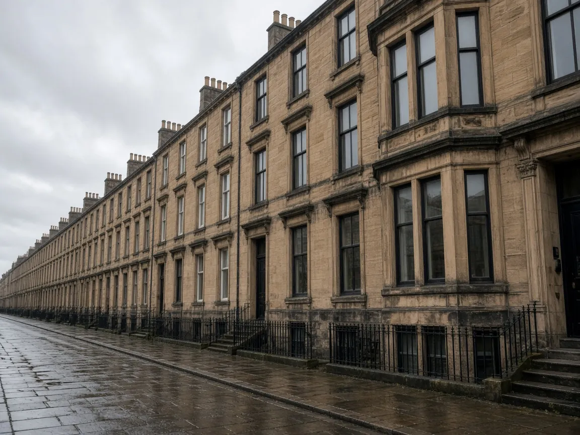 Wet sandstone terrace street in Paisley, Renfrewshire — illustrative