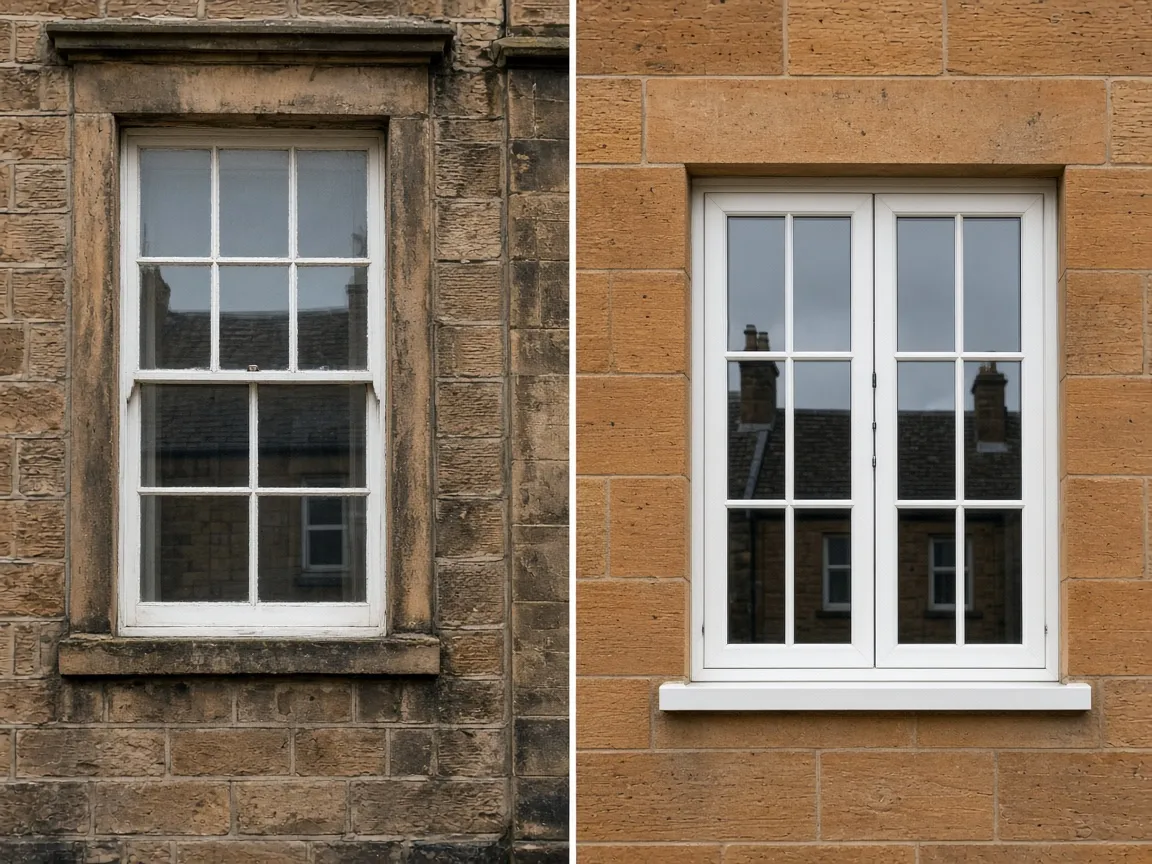 Window frames on sandstone facades in Paisley, Renfrewshire — illustrative