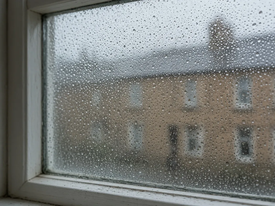Condensation on a window pane in Paisley, Renfrewshire atmosphere